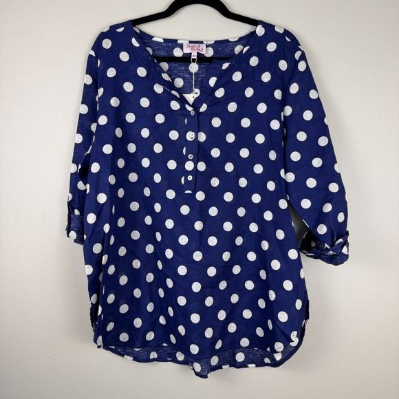Hester & Orchard Tops - Hester‎ & Orchard Blouse Women's Large Navy White Polka Dot 3/4 Sleeve Pullover